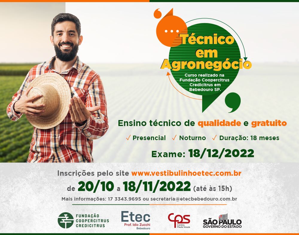 Abertas inscrições para vestibulinho do Curso Técnico em Agronegócio da ETEC